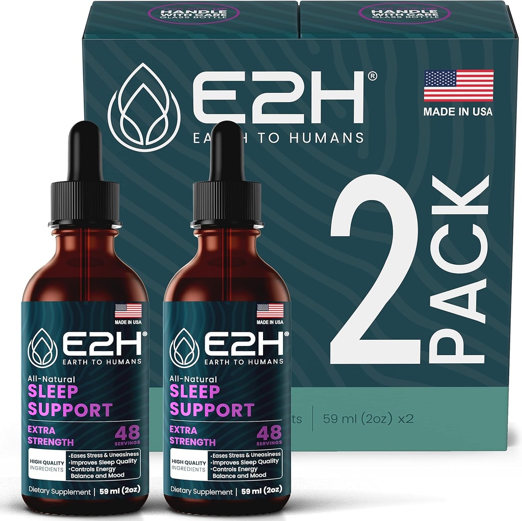 E2H Natural Sleep Aid - Υγρή μελατονίνη με χαμομήλι, Theanine - Sleep Better, Deeper, Longer - Vegan, Gluten Free - παρέχει ανακούφιση από το στρες (2 μπουκάλια)