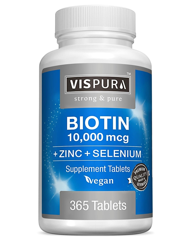 Biotin 10000 mcg + ψευδάργυρος + σελήνιο, καθαρό, Vegan & Extra Strong, καλύτερο συμπλήρωμα για την ανάπτυξη των μαλλιών, λαμπερό δέρμα, ισχυρά νύχια*, 365 δισκία για 12 μήνες, φυσικό χωρίς πρόσθετα