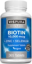 Biotin 10000 mcg + çinko + Selenium, Pure, Vegan & Ekstra Güçlü, Saç Büyümesi için En İyi Tamam, Glowing Skin, Güçlü Nails*, 12 Ay için 365 Tablet, Ek Olmayanlar