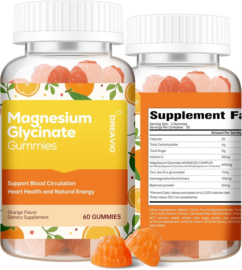 60 Count Magnezyum Glycinate Gummies 400 mg w/Ashwagandha Supplement - Sugar Free Magnezyum Glycinate Supplement Ashwagandha Gummies for Yetişkinler için