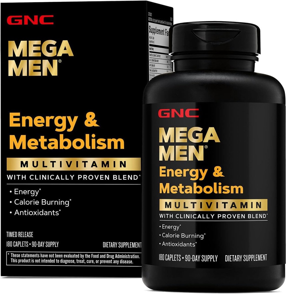 GNC Mega Men Energy & Metabolism Multivitamin Caplets, Klinik olarak Better, Calorie Burn, Focus, 100 mg Caffeine, Termogenic, Immune, B Vitamins, Timed Release, 180 Count, 90 Day Supply