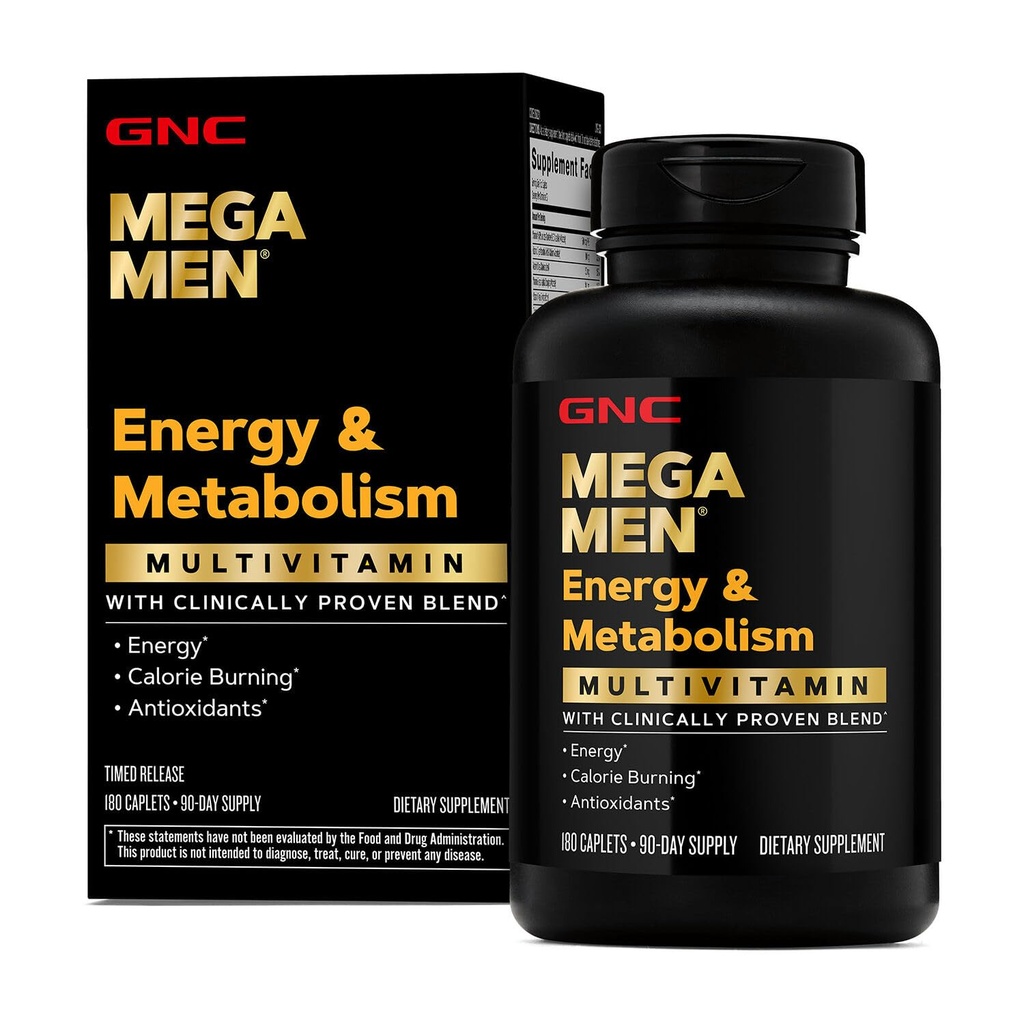 GNC Mega Men Energy & Metabolism Multivitamin Caplets, Klinik olarak Better, Calorie Burn, Focus, 100 mg Caffeine, Termogenic, Immune, B Vitamins, Timed Release, 180 Count, 90 Day Supply