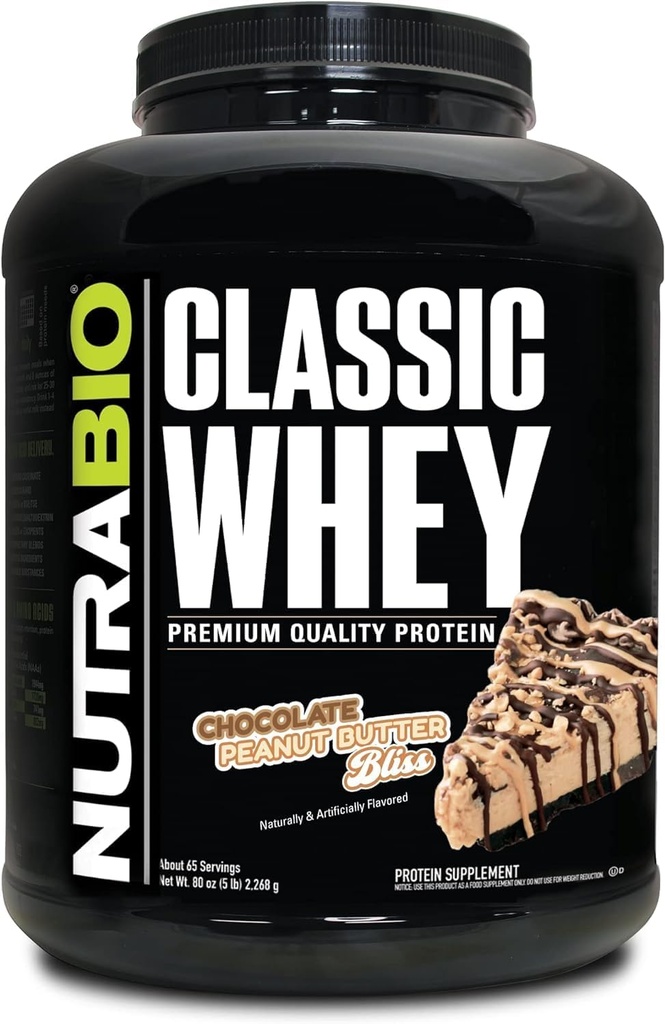 NutraBio Classic Whey Protein Powder- 25G Protein Per Scoop -No Fillers, Τεχνητά Χρώματα, Συντηρητικά - Χαμηλός Γλυκαιμικός Δείκτης - (Σοκολικό Φυστικοβούτυρο, 5 Λίρες)