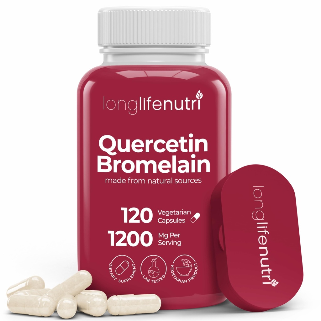 LongLifeNutri Quercetin 1000 mg with Bromelain 200 mg - 120 Vejetaryen Capsules, Organik Dihidrat Kompleksi Ortak Hareketlilik ve Respiratory Balance, 2Month Supply, GMP sertifikalı, Made in USA