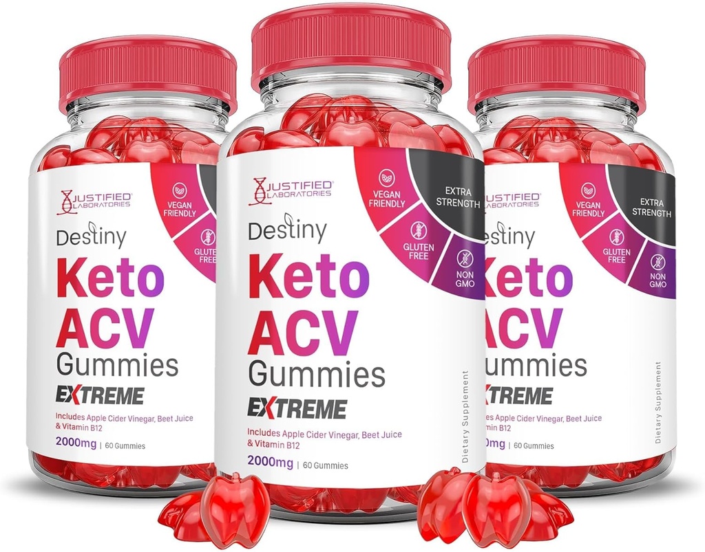 Justified Laboratories (3 Pack Destiny Keto ACV Gummies Extreme 2000MG Destiny Keto Gummies Advanced Formula Apple Cider Vinegar with Pomegranate Beet Buice Powder B12 Vegan Non GMO 180 Gummys
