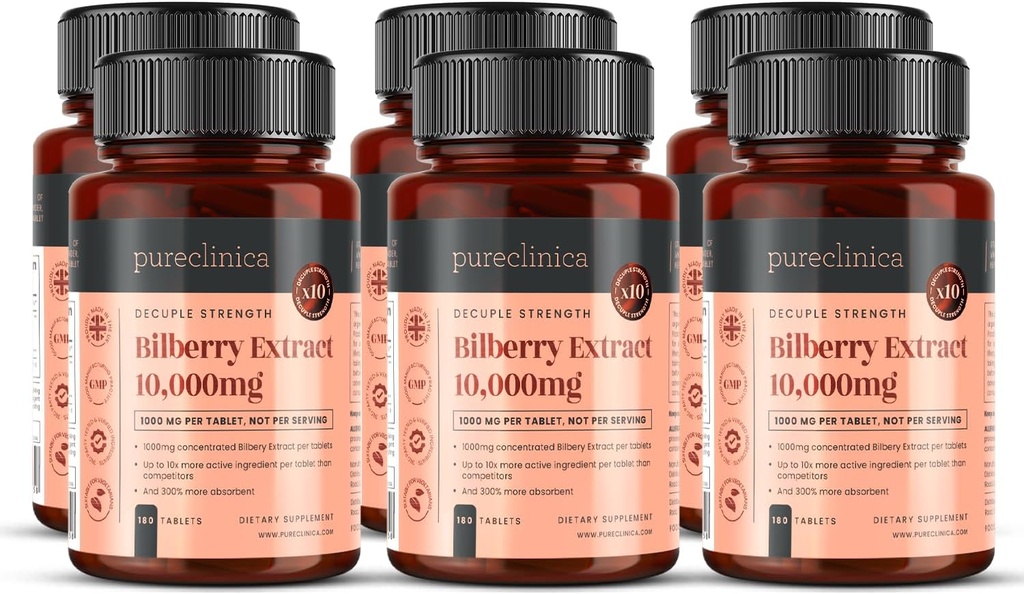 pureclinica Bilberry Extract 10,000mg x 1080 Tablets (6 Bottles of 180) - 10 X More anthocyanidins
