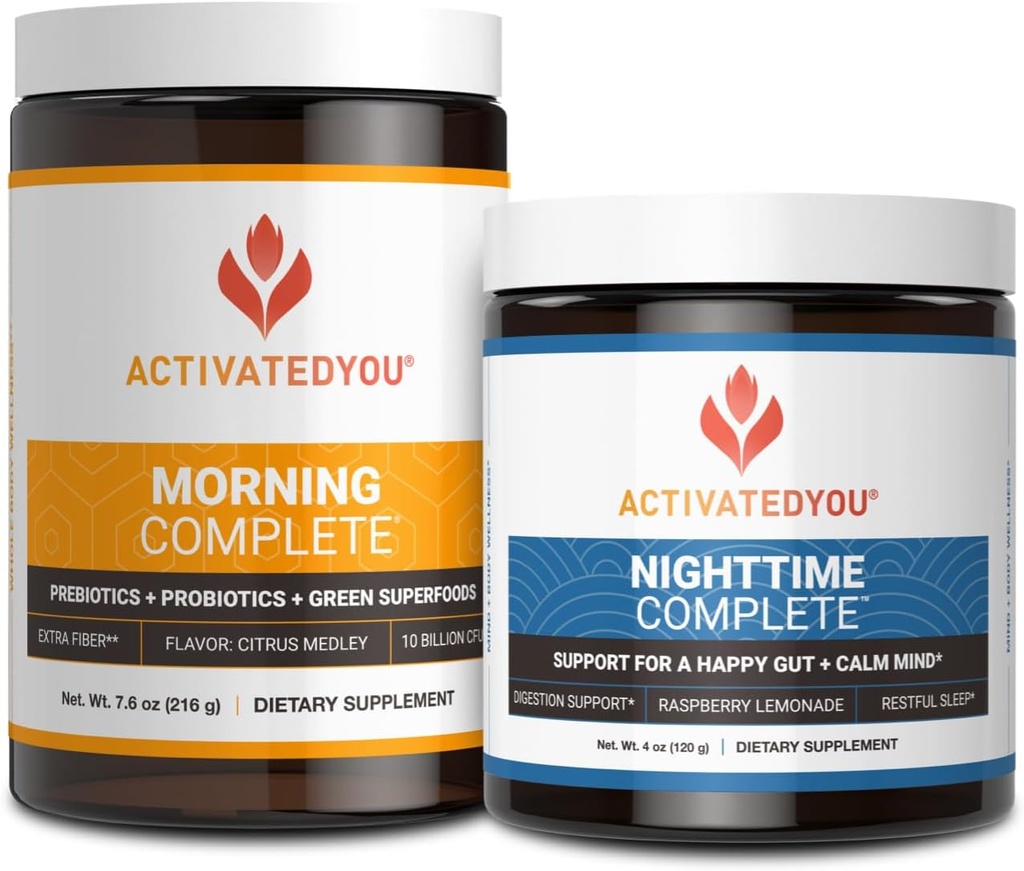 ACTIVATEDYOU Morning Full Prebiyotiks, Probiyotikler ve Green Superfoods (Citrus Medley) & Nighttime Tamam, Ashwaghanda (Raspberry Lemonade), 30 Hizmet