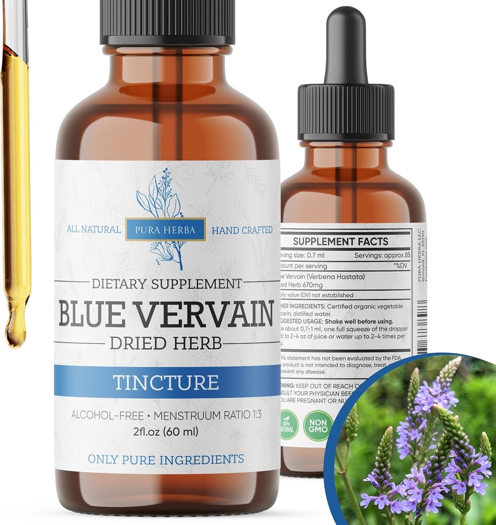 Blue Vervain Herb Organik, Blue Vervain Tincture, Alkol Free, Vegan - 2 Fl Oz