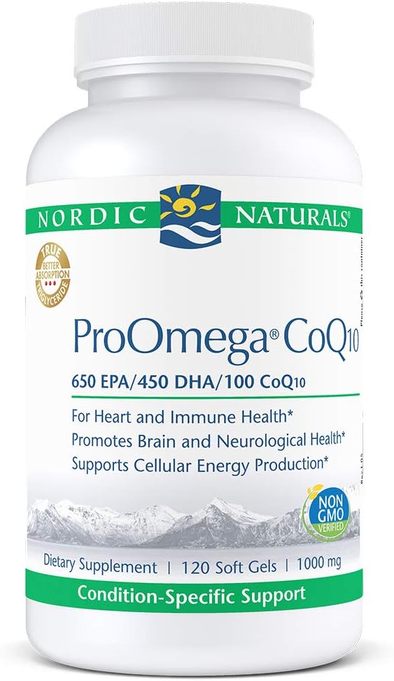 Nordic Naturals ProOmega CoQ10 - Fish Oil, 650 mg EPA, 450 mg DHA, 100 mg CoQ10, Nörolojik Sağlık ve Hücre Enerji Üretimi *, 120 Soft Gels