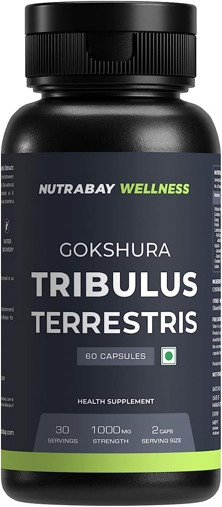 Wellness Tribulus Terrestries (Gokshura) - Enerji, Performans ve Stamina & Kas Büyüme için Doğal Destek - 1000 mg, 60 Veg Capsules