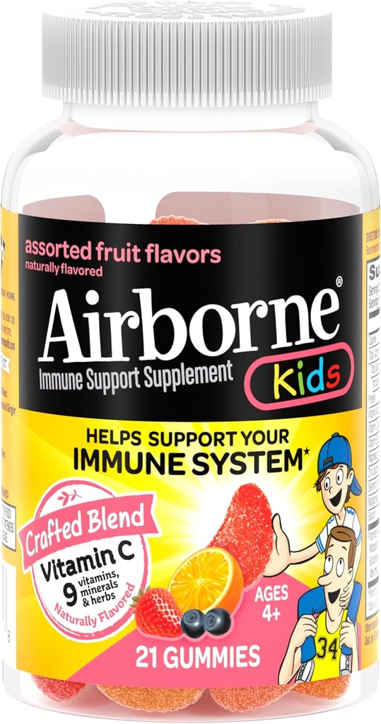 Airborne Vitamin C 500mg (ανά Σερβίρισμα) Παιδιά Ποικιλία Φρούτων Γεύσεις Gummies (21 Μετρήστε σε ένα μπουκάλι), Gluten-free ανοσοποιητική υποστήριξη συμπλήρωμα με βιταμίνες A C E, Selenium, Echinacea & Ginger