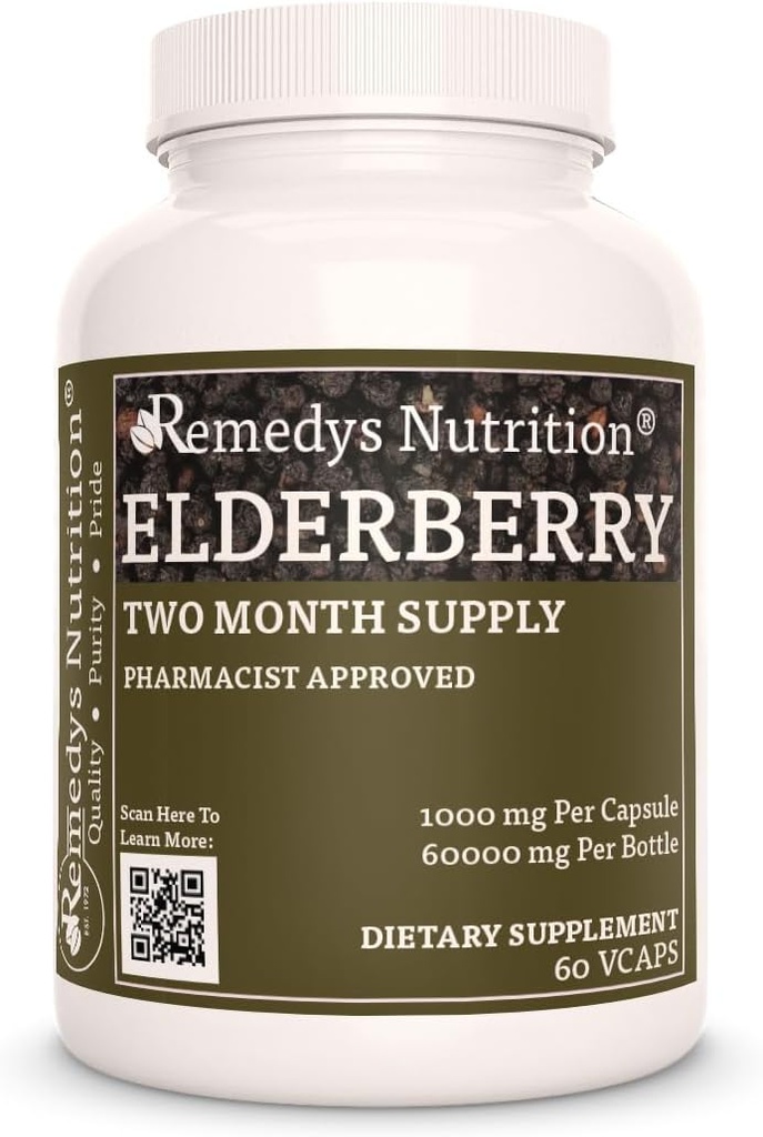Remedy’s Nutrition Elderberry | 1,000 mg, 60 Vegan Capsules Herbal Dietary Supplement | Two Month Supply