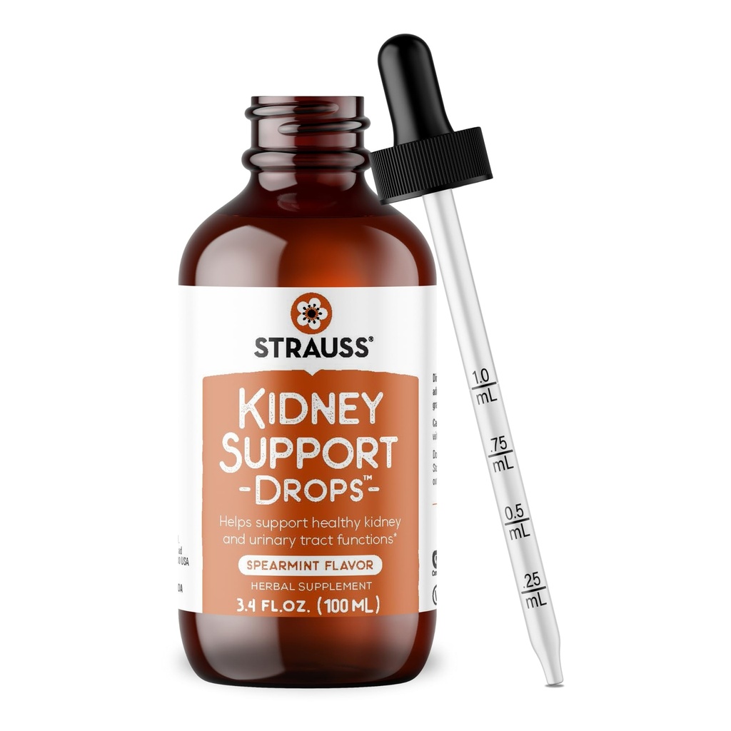 Strauss Naturals Kidney Support Drops – Herbal Kidney Erkekler ve Kadınlar için Tamam Destek – Kidney Health ve Urinary Tract Function – Vegan & Non-GMO – Spearmint Flavored – 100 ml Şişe