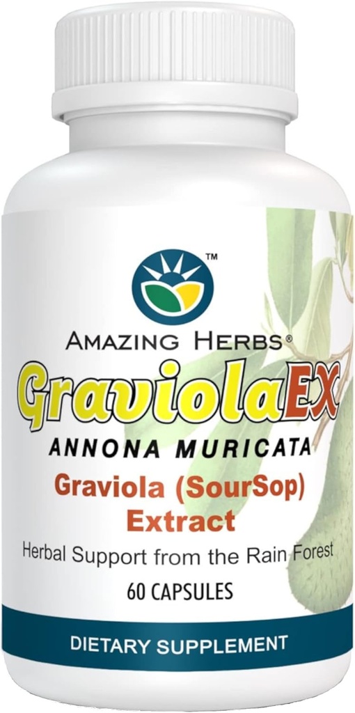Amazing Herbs GraviolaEX Anona Muricata -% 100 Pure Graviola (Soursop) Extract, Natural Health from the Rain Forest, Herbal Dietary Supplement - 60