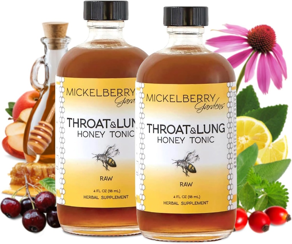 Mickelberry Gardens Throat & Lung Honey Tonic: Wellness Syrup, Natural Sore Throat Relief, Immune Support & Cough Suppressant for Yetişkinler & Kids (4 oz, 2 Pack)