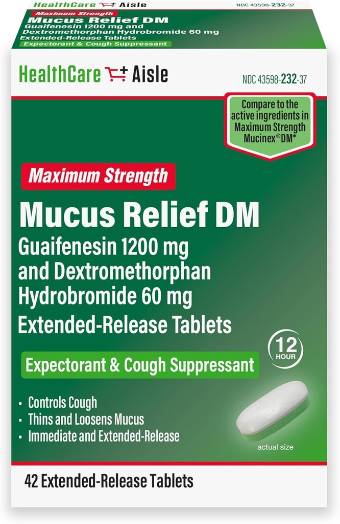 SağlıkCareAisle Guaifenesin 1200 mg Dextromethorphan Hydrobromide 60 mg Genişletilmiş Yayın Tabletleri - 42 - Mucus Relief Waitorant ve Cough Suppressant Formulaed için