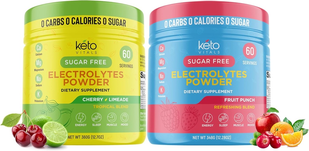 Keto Vitals Cherry Limeade Sche with Fruit Punch - 2 Pack Hoffman Electrolytes Toz - Keto-Friendly Electrolytes with P properties, Magnezyum, sodyum, Kalsiyum - Cherry Limeade & Fruit Punch
