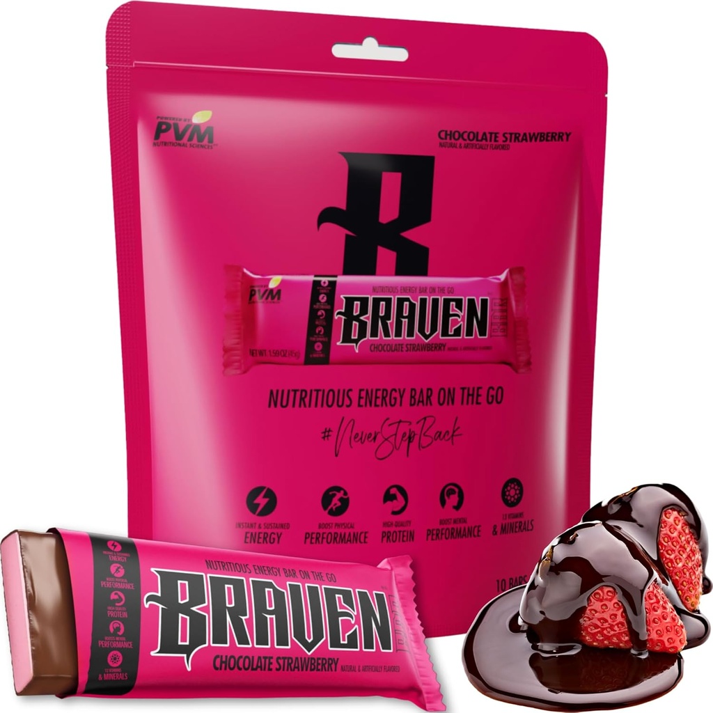 Braven Bar Chocolate Strawberry Energy Bars (1.59 oz, 10'un Paketi) – 5g Protein ile Enerji Chews – Koşu, Hiking ve Spor için Enerji Snacks - Sustained Enerji Boost