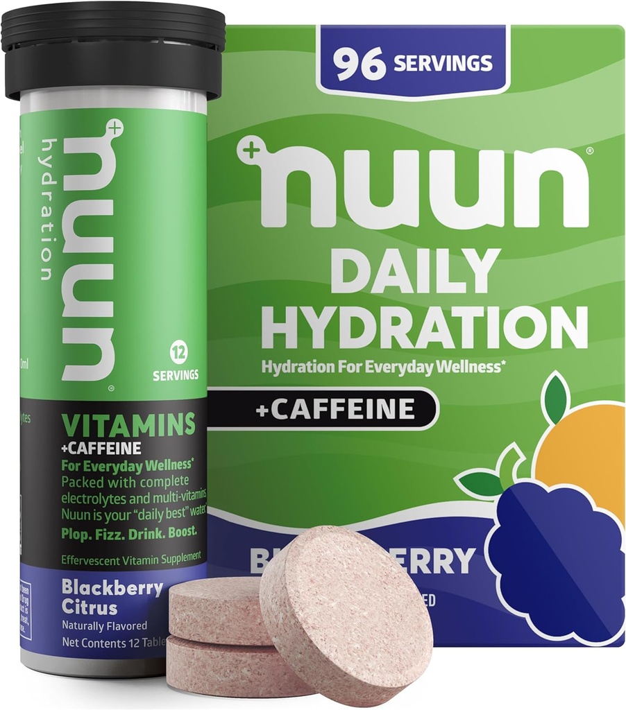 Nuun Vitaminleri + Caffeine Electrolyte Tabletleri D, C, E, A, & B6, Folic Asit, Magnezyum & 4 Diğer Temel Elektrolytes, Gluten Free & Vegan, Blackberry Citrus, 8 Pack (96 Toplam)