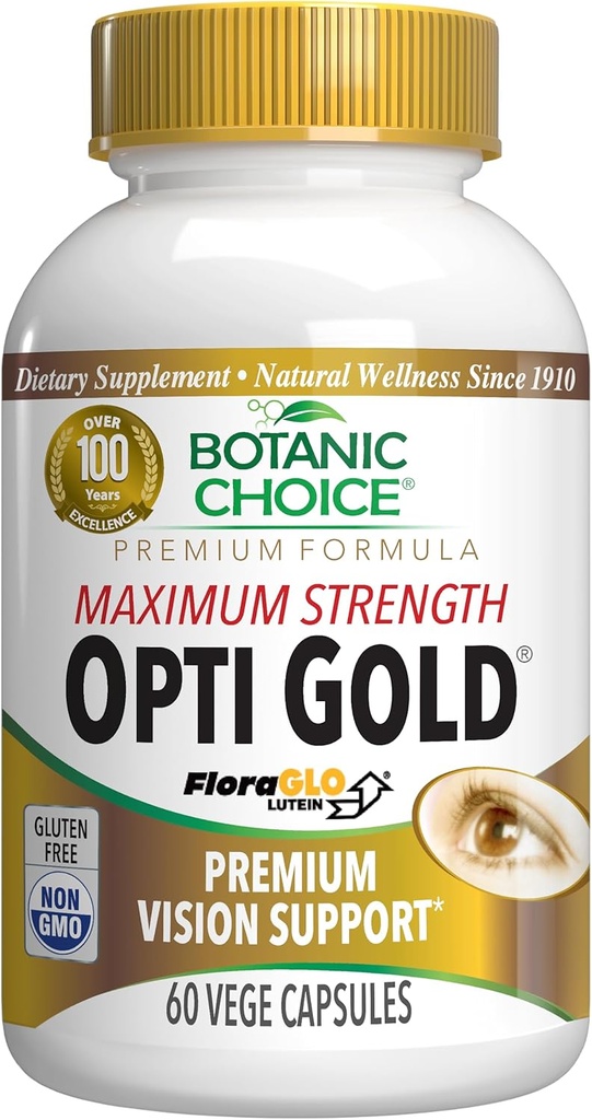 Botanic Choice maximum Strength Opti Gold Vision Eye Health Support Supplement for General Eyesight Health for Men & Women - Taurine, A, Lutein, Bilberry, Alfa Lipoic Acid (60 Capsules)