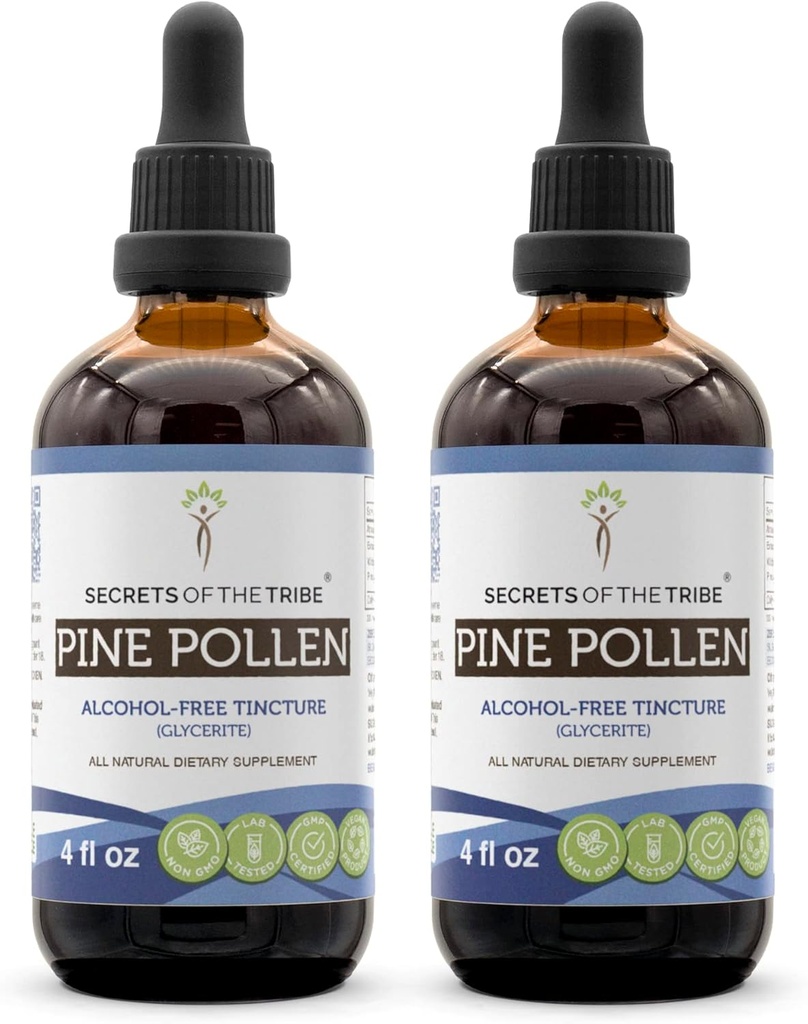Secrets of the Tribe Pine Pollen Alcohol-Free Tincture (Glycerite) 697 mg Wildcrafted Pine Pollen (Scots Pine, Pinus sylvestris) Dried Pollen (2x4 Fl Oz) Testosterone Support Supplement