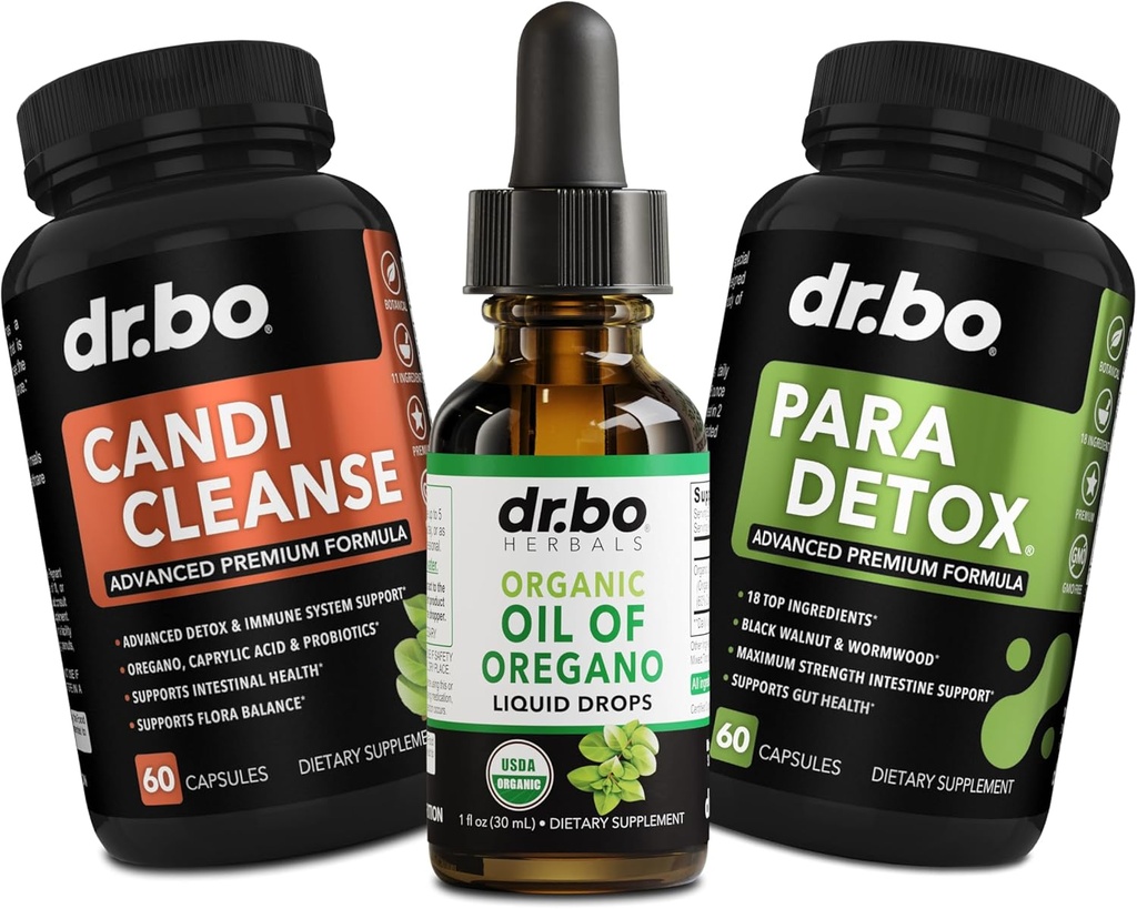 Oregano Oil Organic Liquid Drops & Cleanse Capsules - Oregano Drops Tincture Extract, Candi Cleanse Detox - Caprylic Acid, Wormwood Black Walnut & Cloves Capsules
