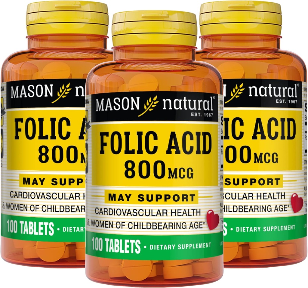 MASON NATURAL Folic Acid 800 mcg - Nervous System Function, Daily Supplement for Health, Mood and Prenatal Care, for Women of Childbearing Age, 100 Tablet (Paket 3)