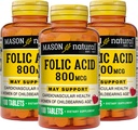 MASON NATURAL Folic Acid 800 mcg - Nervous System Function, Daily Supplement for Health, Mood and Prenatal Care, for Women of Childbearing Age, 100 Tablet (Paket 3)