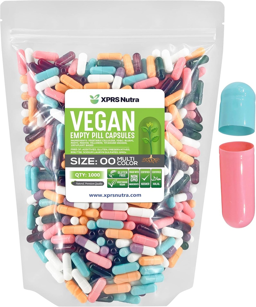 XPRS Nutra Boyutu 00 Boş Kapsüller - 1000 Kont Boş Vegan Capsules - Vejetaryen Boş Pills - DIY Sebze Kapsülü - Veggie Pill Caps (Multi Color)