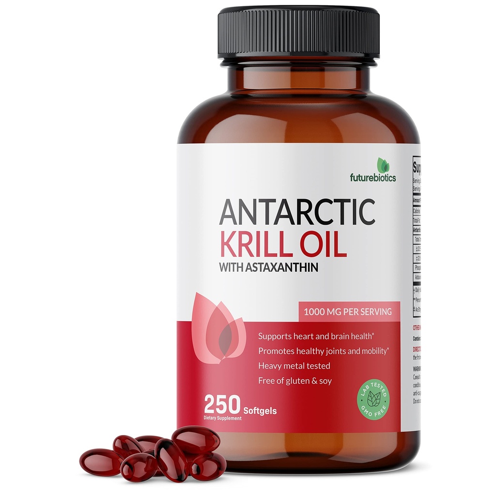 Futurebiotics Antarctic Krill Oil 1000mg με Omega-3s EPA, DHA, Ασταξανθίνη και φωσφολιπίδια - 100% Pure Premium Krill Oil Heavy Metal Tested, Non GMO – 250 Softgels (125 Servings)