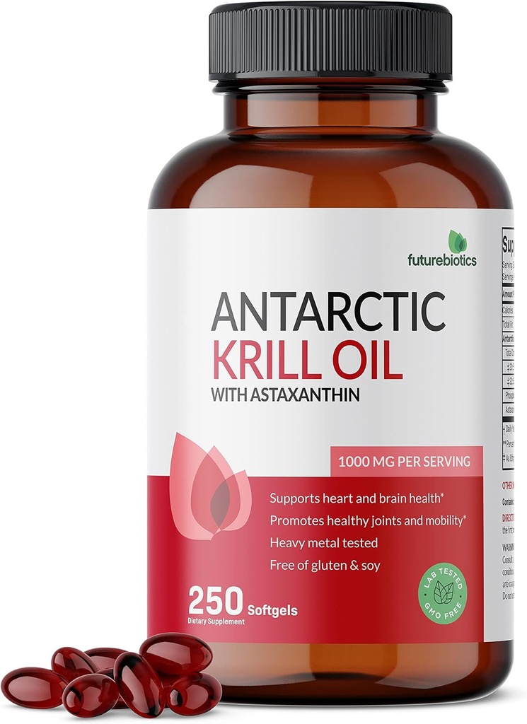 Futurebiyotiks Antarktika Krill Oil 1000 mg with Omega-3s EPA, DHA, Astaxanthin ve Phospholipids -% 100 Pure Premium Krill Oil Heavy Metal Tested, Non GMO – 250 Softgels (125 Hizmet)