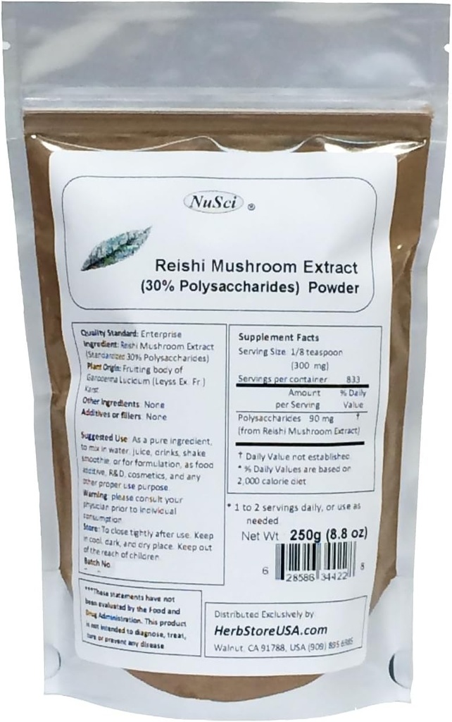 Reishi Mushroom Extract Toz Standardized% 30 Polysaccharides 250 Grams (8.8 oz)