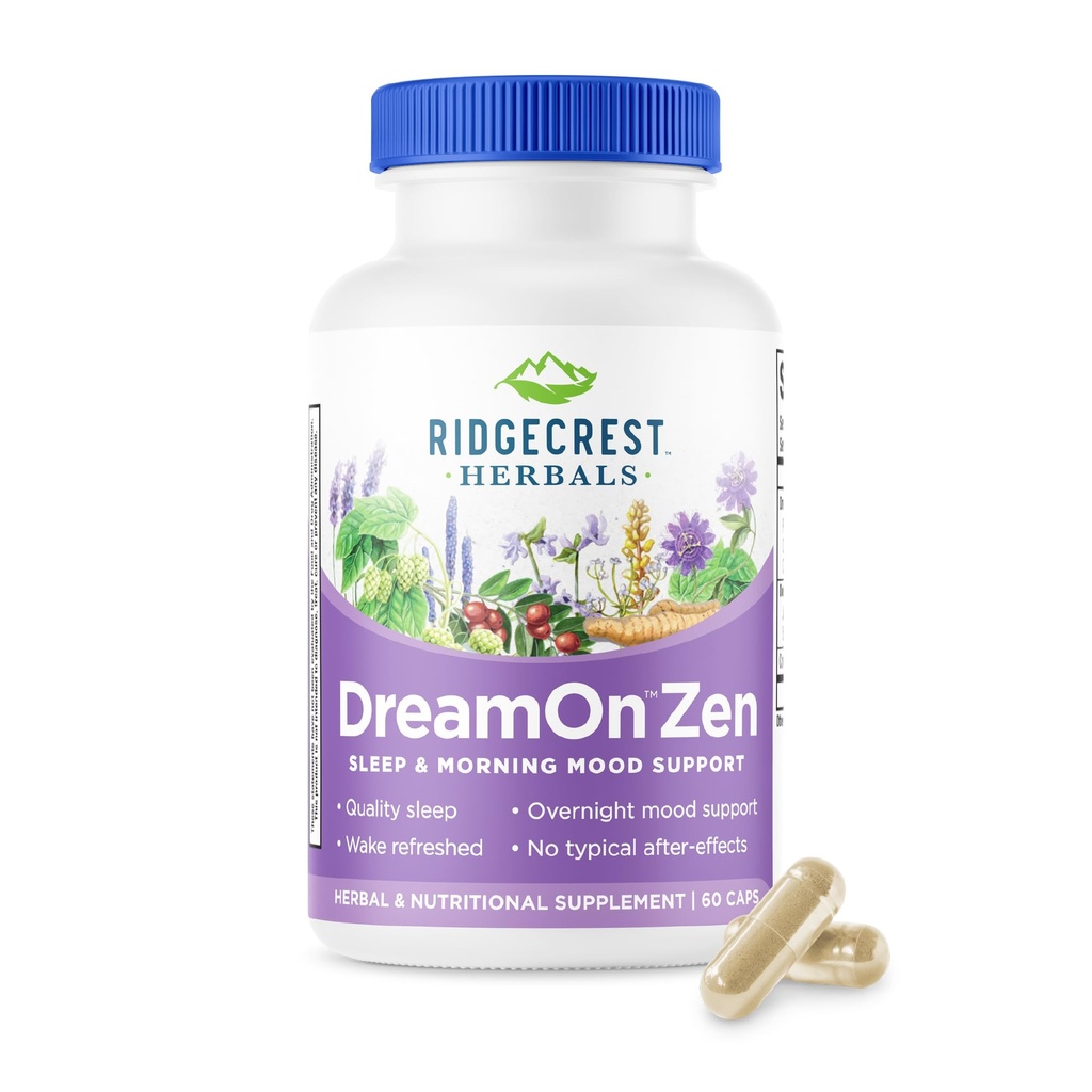 Ridgecrest Herbals DreamOn Zen, Sleep Support Supplement, Melatonin Free, Magnezyum, 5-HTP, Lavender, Chamomile, Valerian, Lemon Balm Yetişkinler ve Çocuklar için 12+ (60 Caps, 30 Serv)