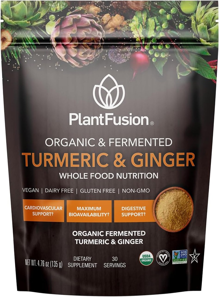 PlantFusion Turmeric and Ginger Drink Mix - Fermented Whole Food Nutrition, Herbal Supplement Toz with Curcuminoids - USDA sertifikalı Organik, Non-GMO, Vegan, Gluten-Free, 4.76 oz 30 Hizmetler