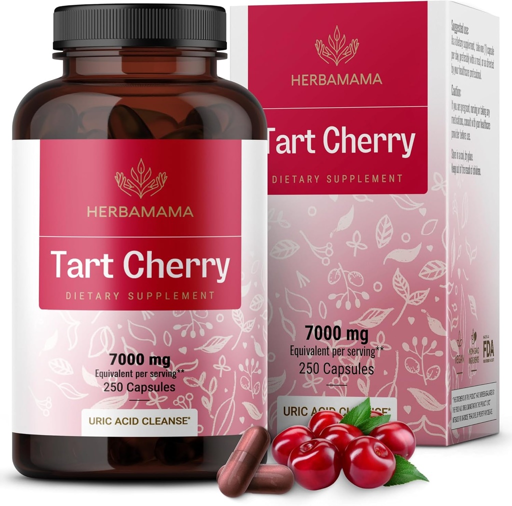 HERBAMAMA Tart Cherry Extract Capsules - Uric Acid Support - Vegan, Non-GMO Antioksi Supplement
