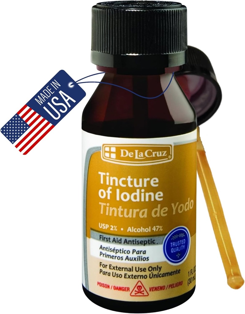 De La Cruz 2 Iodine First Aid Antiseptic, Made in USA 1 FL OZ (1 Şişe)