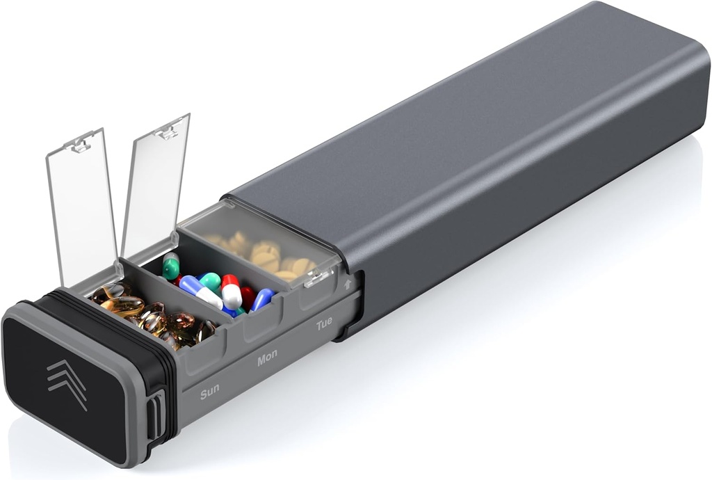 7 Day Weekly Metal Pill Organizer Travel, Kursoaya Premium Aluminum Daily Pill Box, Cute Portable Pill Case, Large Capacity Pill Holder for Supplements, Pills, Vitamins, Medicine (Steel Grey)