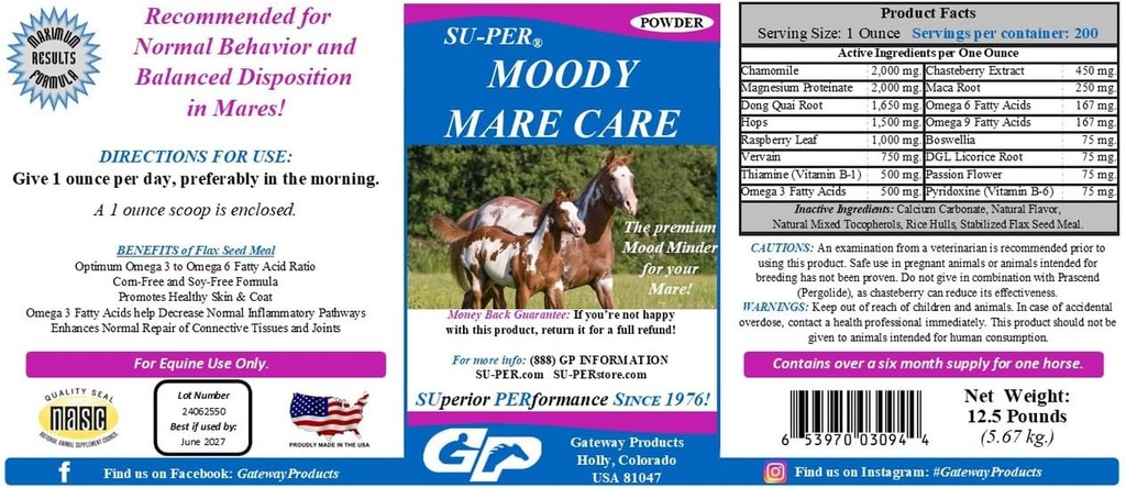 SU-PER Moody Mare Care Powder - Βότανο Ιπποειδή συμπλήρωμα άλογο με Chasteberry & Maca Root - 12,5 lbs
