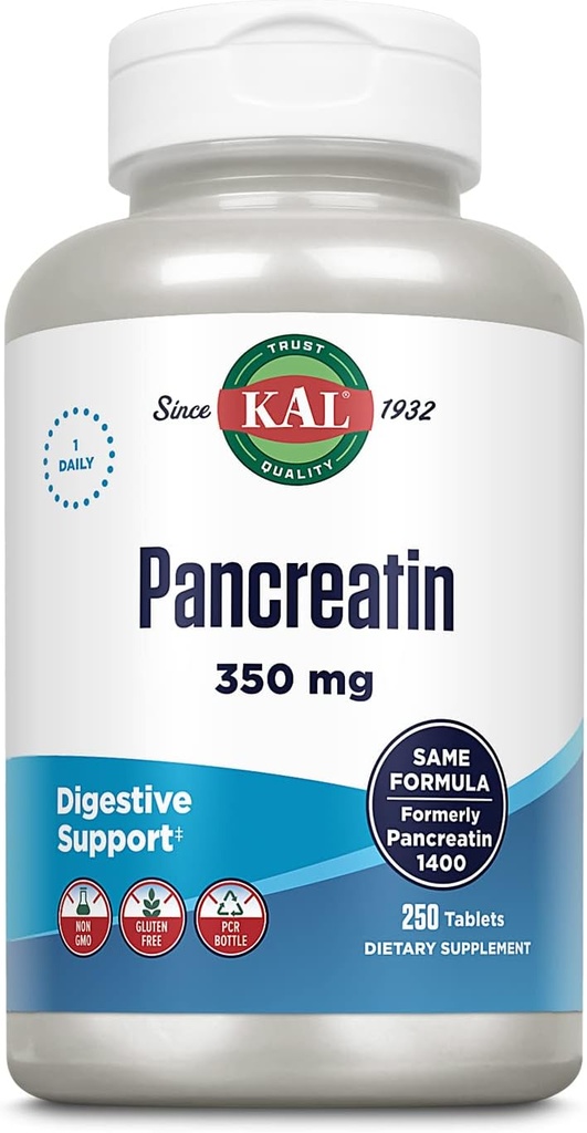 KAL Pancreatin 350mg, Digestive Ένζυμα για γυναίκες και άνδρες, Παγκρεατικά Ένζυμα για υποστήριξη της υγείας Digestive, Χωρίς γλουτένη, Μη ΓΤΟ, Ταχεία αποσύνθεση, Εγγύηση 60 ημερών, 250 μερίδες, 250 δισκία