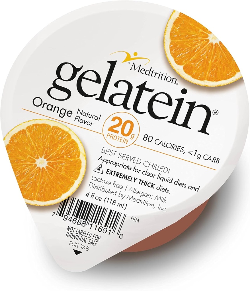 Medtrition Gelatein Orange: 20 γραμμάρια πρωτεΐνης. Χωρίς ζάχαρη. Ιδανικό για Καθαρές Υγρές Διαιτήσεις, Δυσκολίες κατάποσης, Βαριατρική, Αγωγή και Ογκολογία. Μεγάλη προ ή μετά την προπόνηση σνακ. (12 Συσκευασία)
