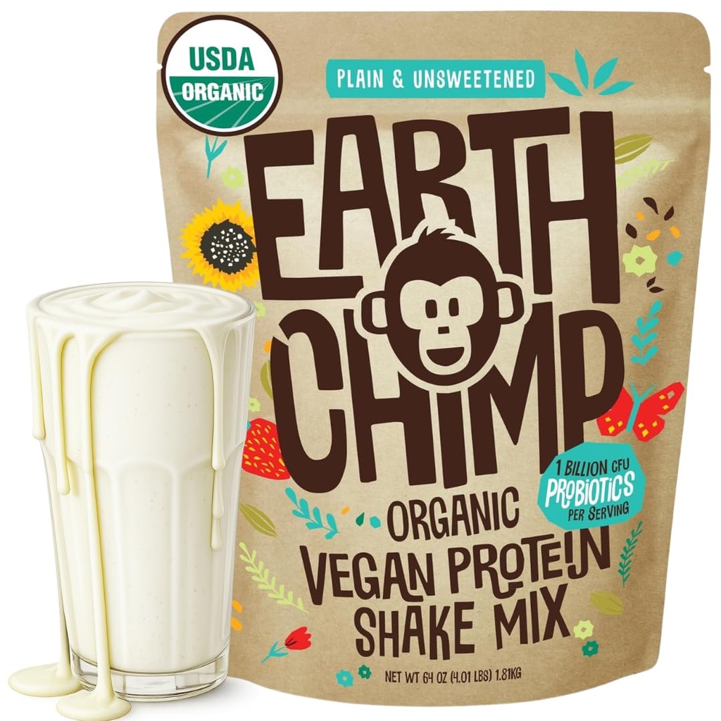 DünyaChimp Organik Vegan Protein Tozu - Probiyotiklerle - GMO, Süt Ücretsiz, Whey, Fabrika Kadınlar ve Erkekler için Protein Toz, Gluten Free - 52 Hizmet, 64 Oz (Plain & Unsweetened)