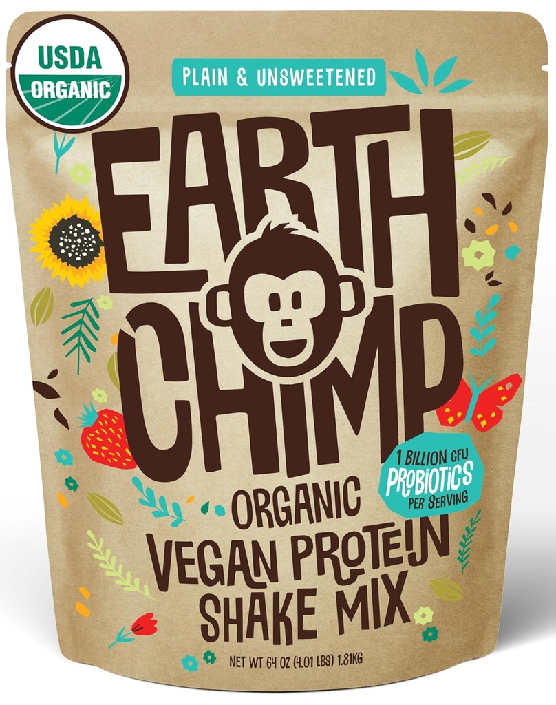 DünyaChimp Organik Vegan Protein Tozu - Probiyotiklerle - GMO, Süt Ücretsiz, Whey, Fabrika Kadınlar ve Erkekler için Protein Toz, Gluten Free - 52 Hizmet, 64 Oz (Plain & Unsweetened)