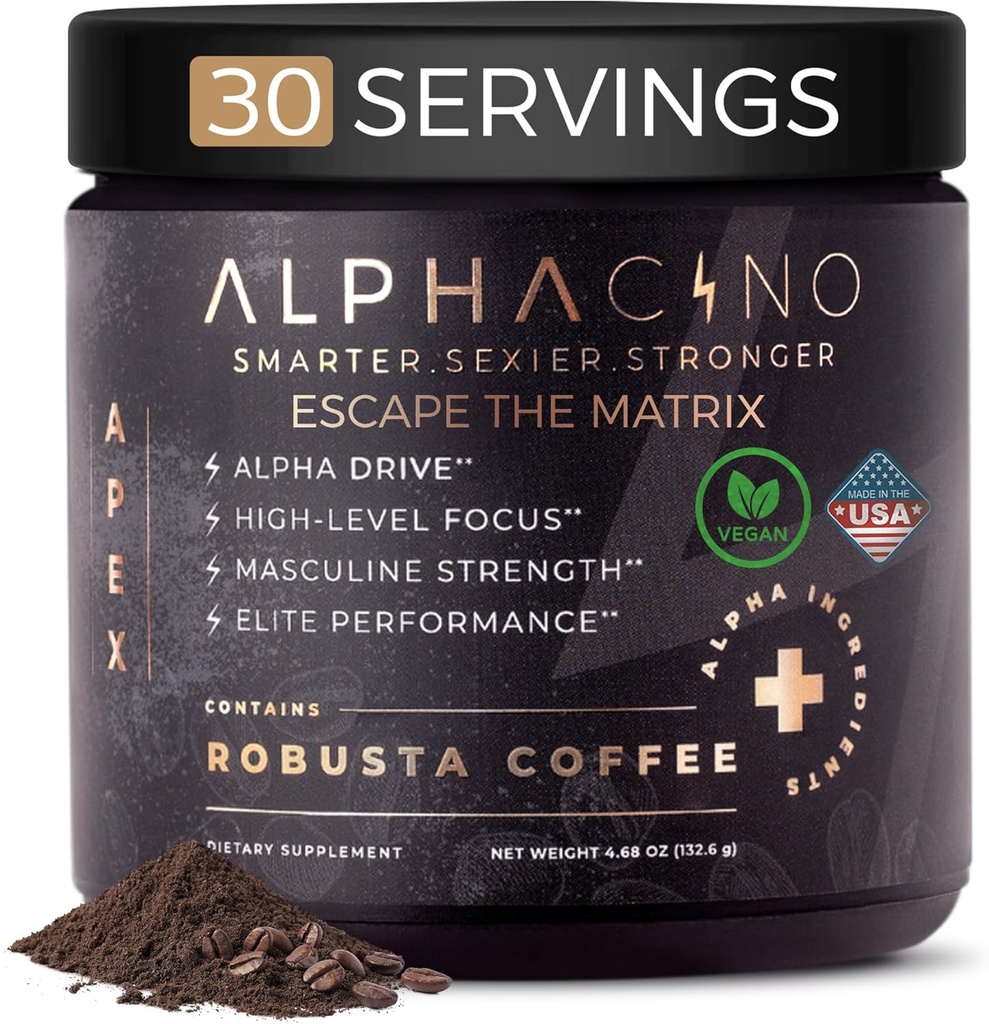 Alphacino Apex Instant Mushroom Coffee - Black Maca Ashwagandha + Energy Drink Toz for Men, Ideal for Muscle Building growth, Sharp Focus & Stamina, Mens Energy Toz İçecek Mix, S7-30SV (468 oz)