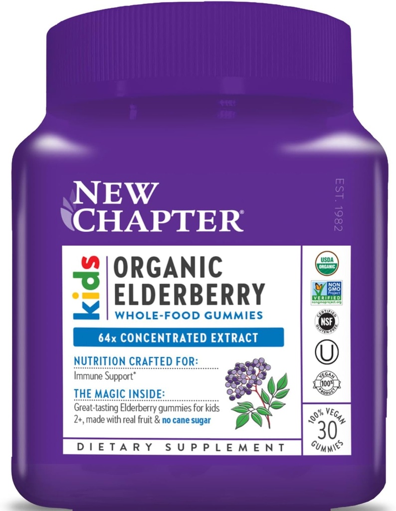 New Chapter Elderberry Gummies for Kids 2+, USDA Organic,64x Concentrated Pure Elderberry for Immune Support,Great Tasting Whole-Food Gummies, Vegan & Non-GMO, 30 ct
