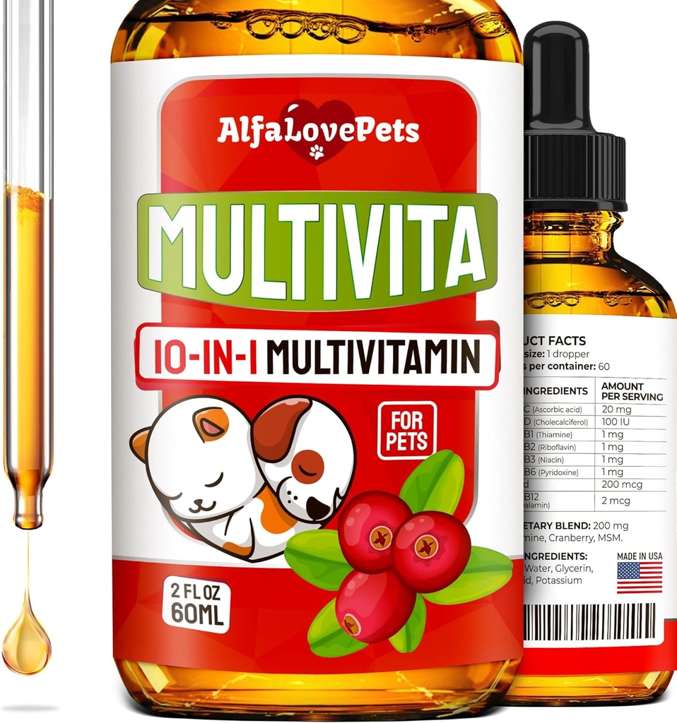 Köpekler için çok fazlavitamin - Kapalı Kediler Için Çokvitaminler - 10in-1 Sıvı Köpek Vitaminleri B Kompleksi, C, D3 – Digestion, Urination, Hip & Ortak, Skin & Coat – Cranberry Flavor – 2 Oz