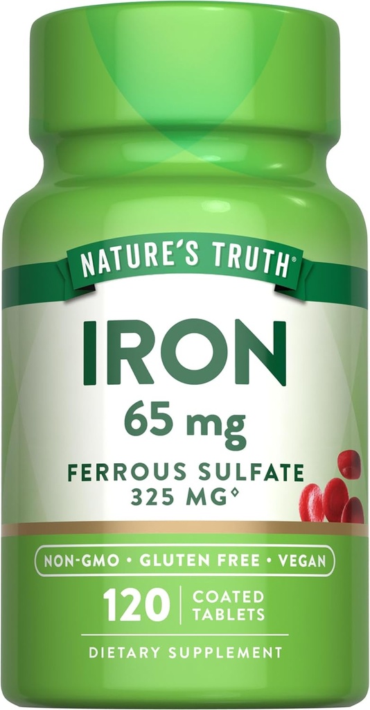 Nature's Truth Iron Supplement | 65 mg | 120 Tablet | 325 mg Ferrous Sulfate | Non-GMO & Gluten Free Pills