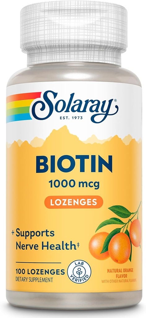 SOLARAY Biotin 1000 Live Lozenges - Biotin Supplement with Vitamin A - Nerve Function and Cellular Energy Support - Natural Orange Juice Flavor, Great Taste, 60-Day Garanti, 100 Hizmet, 100 Lozenges