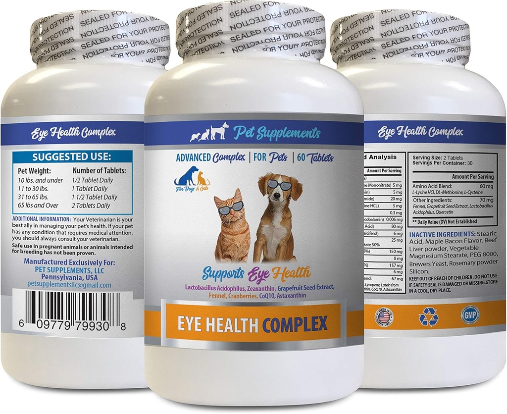 Köpek Göz Vitaminleri - PET Eye Health Complex - Köpekler ve Kediler - Köpekler için destek - Köpekler için astaxanthin, Köpekler ve Kediler için Eye Vision Supplement, Eye Health Vitamins Lutein ve zeaxanthin 1Bot 60Tabs