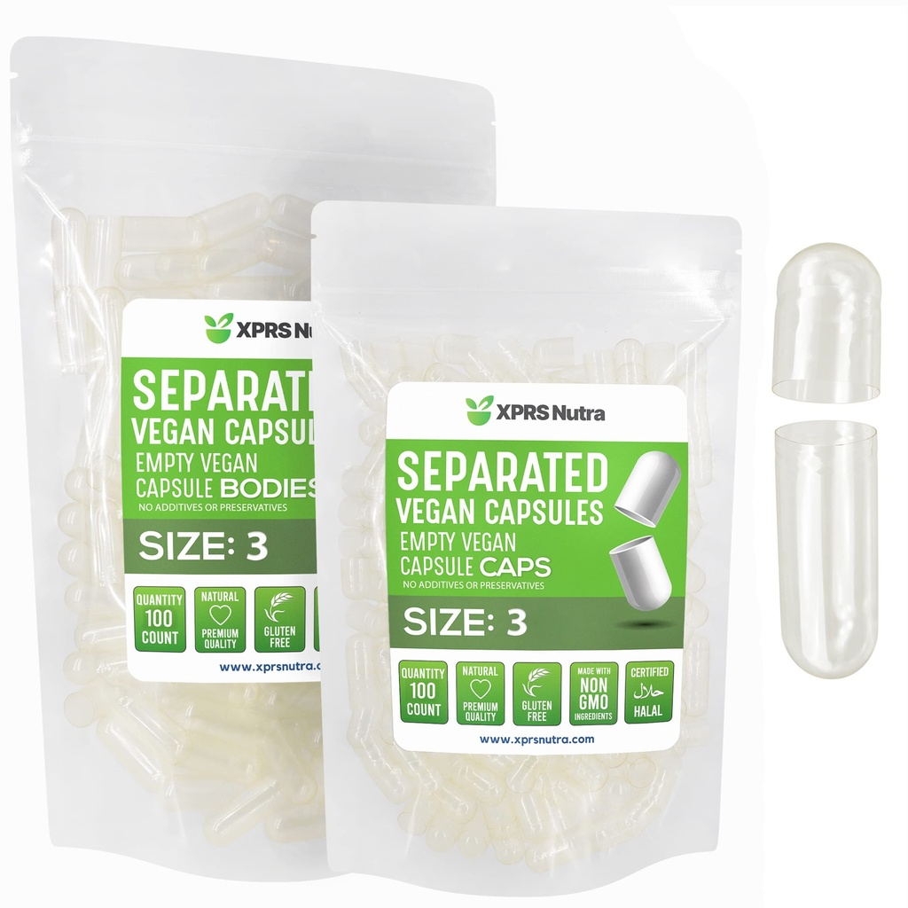 XPRS Nutra Vegan Boyutu 3 ayrı Capsules- 100 Kont Premium Boş Caps Çantada Ayrıştı - Clear Boş Kapsüller - DIY Tamam için Pills