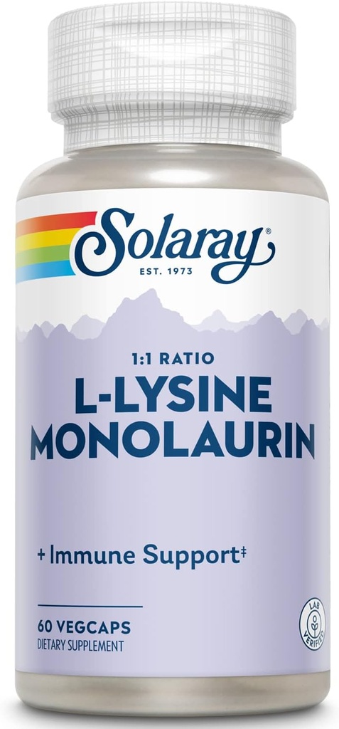 SOLARAY L-Lysine Monolaurin Ανοσοποιητική υποστήριξη συμπλήρωμα, 1:1 αναλογία για τη λειτουργία του ανοσοποιητικού συστήματος, 500 mg εγγύηση επιστροφής χρημάτων 60 ημερών, 30 υπηρεσίες, 60 VegCaps